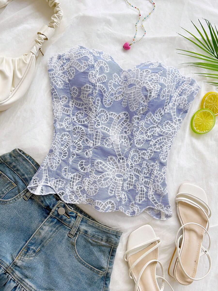 Strapless floral lace corset top with lace-up detail, asymmetrical hem, and slim fit for women.