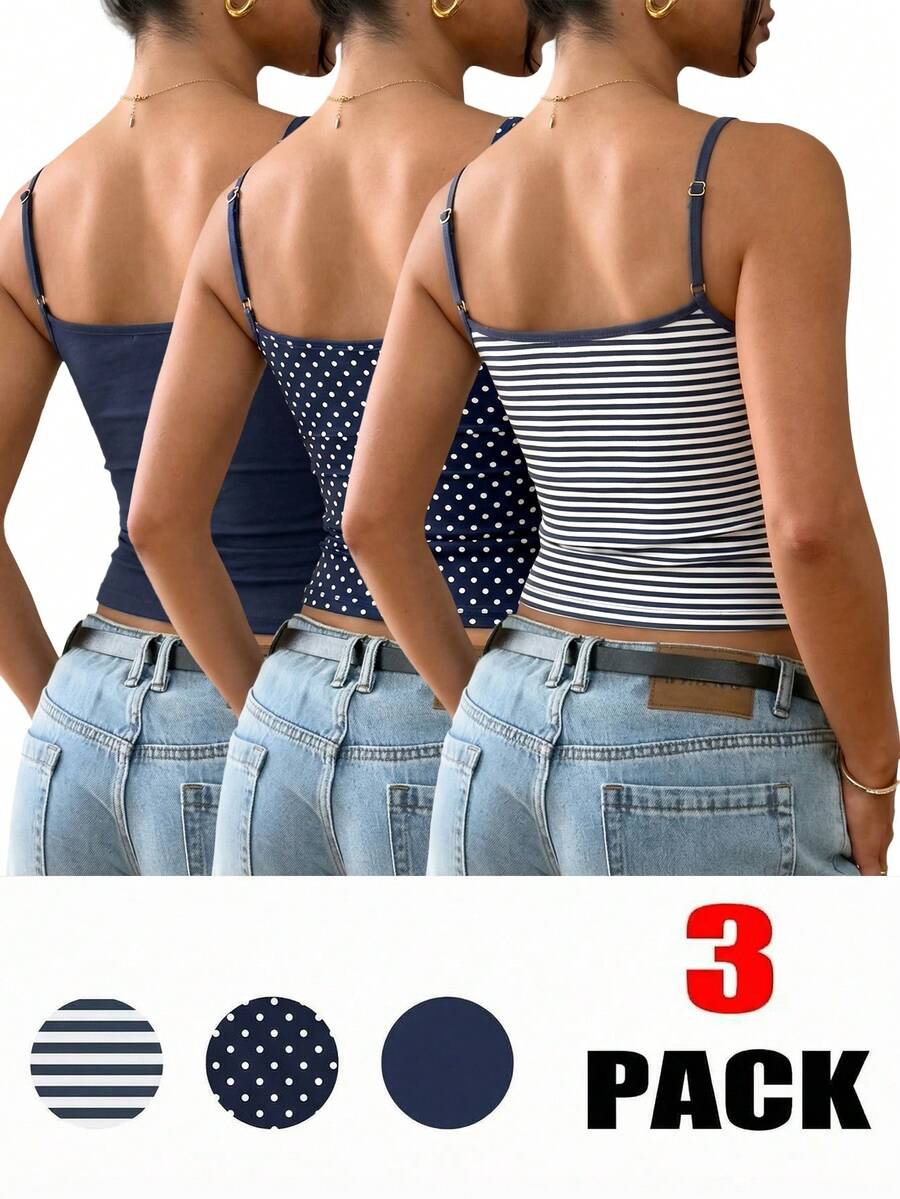 Navy blue women's geometric print spaghetti strap cami tank top with regular fit on plain background.
