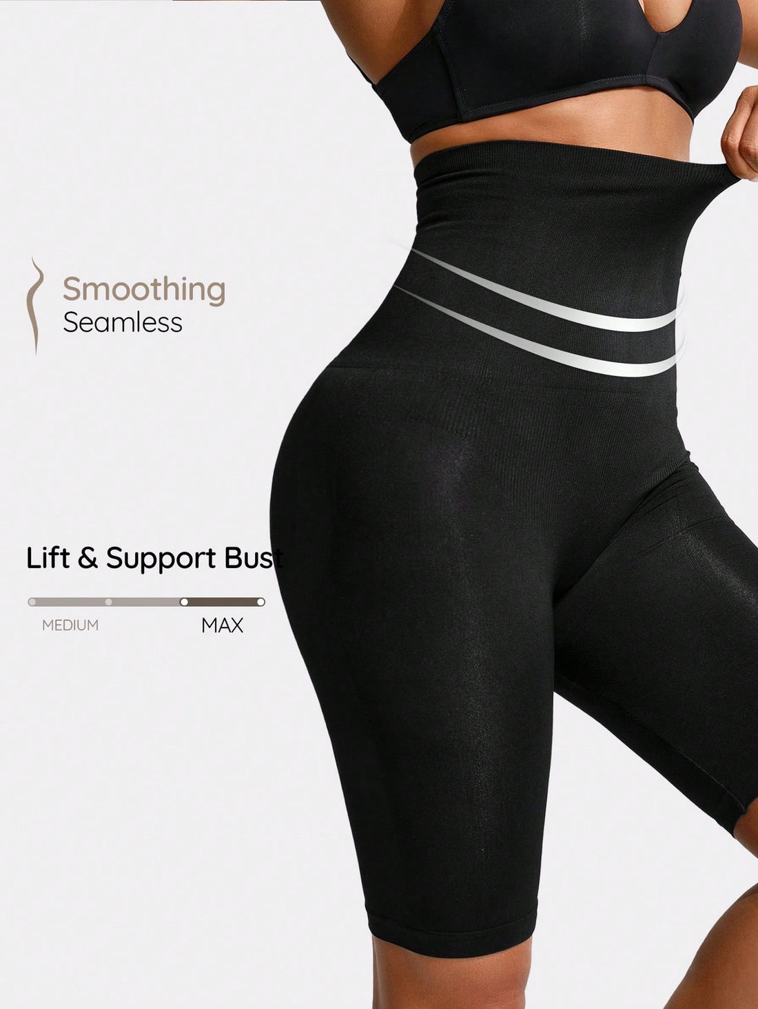 Black high waist tummy control body shaper shorts for women crafted from knitted fabric with strong waist support.