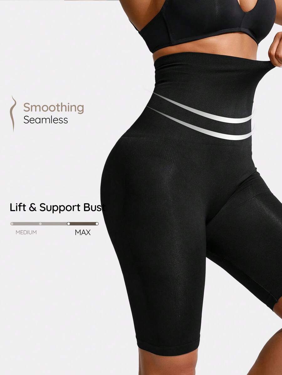 Black high waist tummy control body shaper shorts for women crafted from knitted fabric with strong waist support.