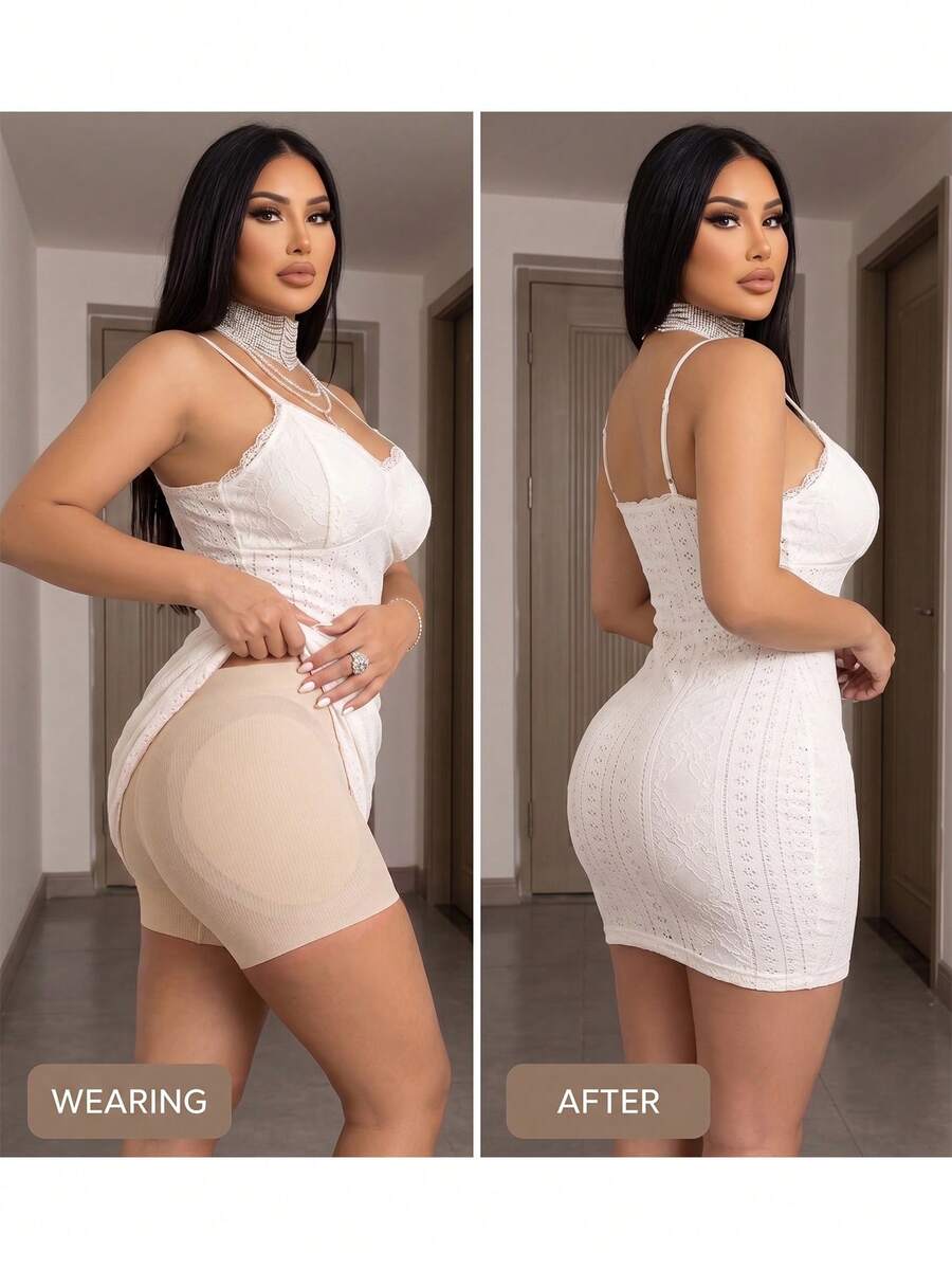 Apricot high-stretch women's butt lifting shapewear shorts with removable padded buttocks for tummy and waist control.