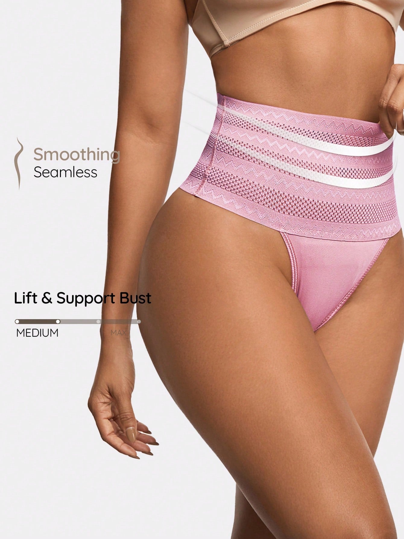 Women's apricot super high waist body shaping briefs featuring ultra light waist support and geometric pattern.