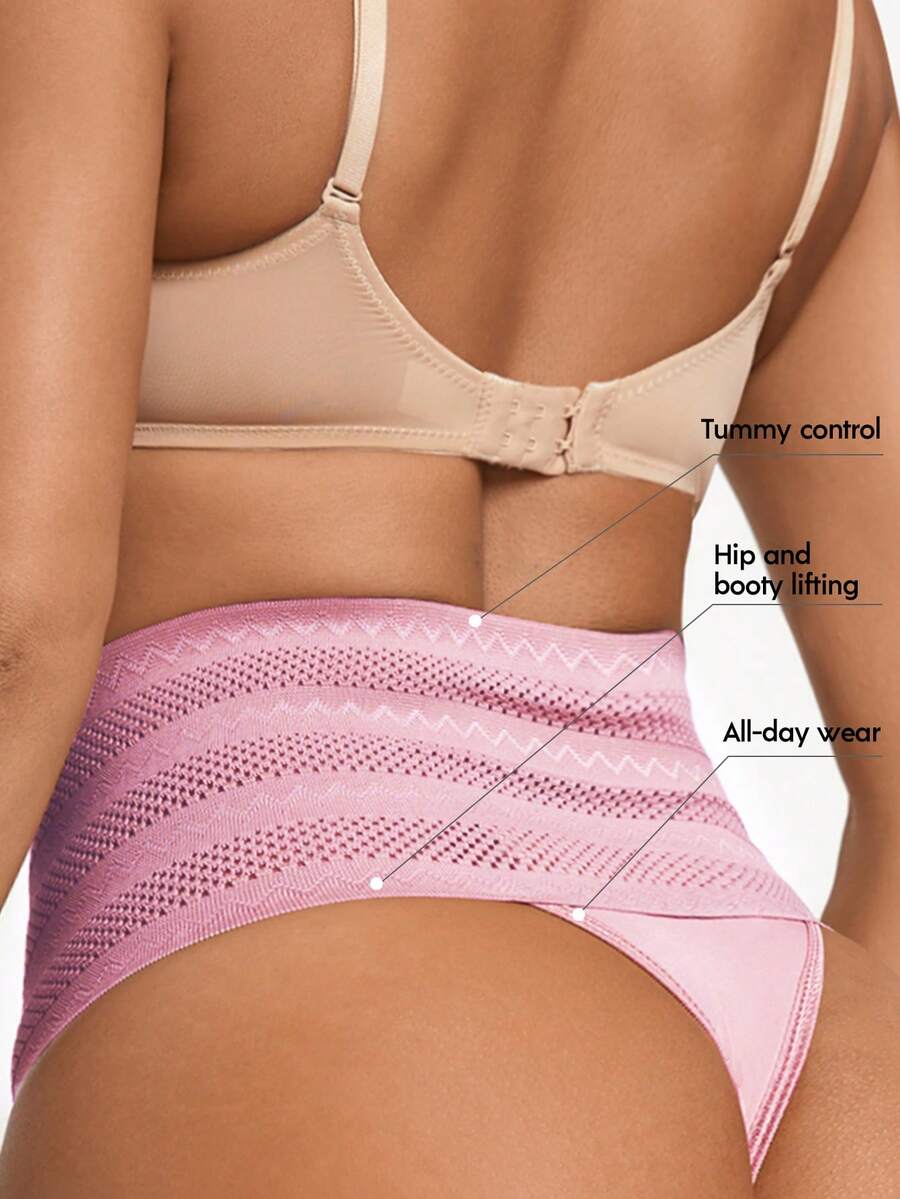 Women's apricot super high waist body shaping briefs featuring ultra light waist support and geometric pattern.