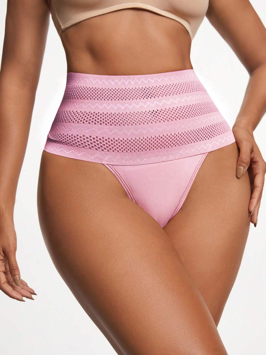 Women's apricot super high waist body shaping briefs featuring ultra light waist support and geometric pattern.