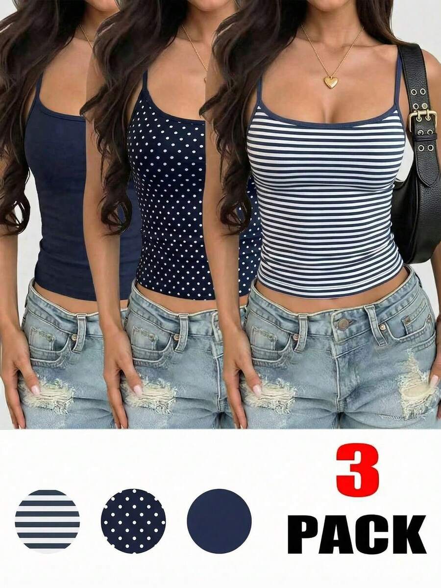 Navy blue women's geometric print spaghetti strap cami tank top with regular fit on plain background.