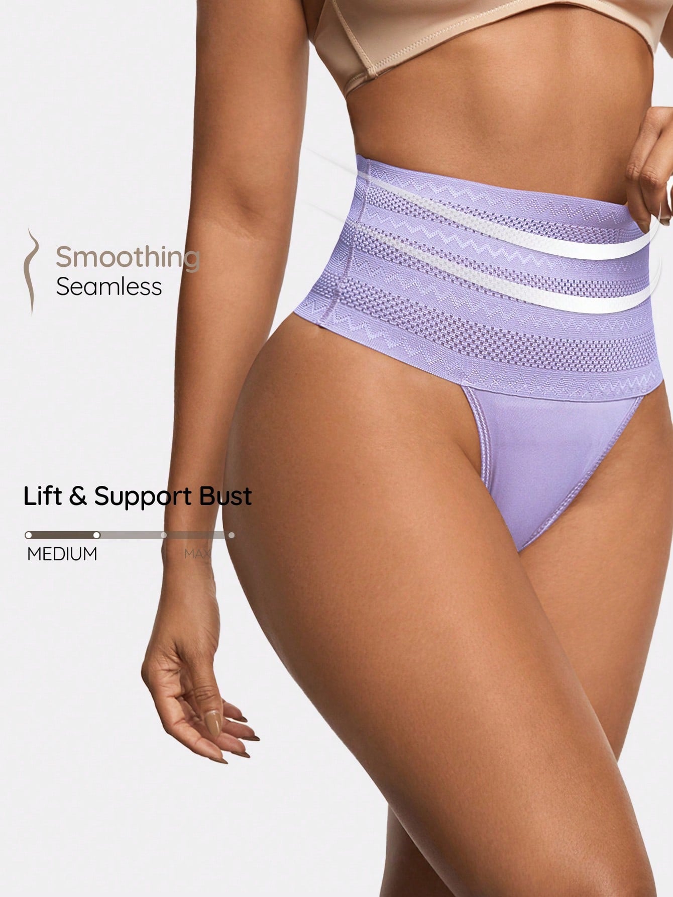 Women's apricot super high waist body shaping briefs featuring ultra light waist support and geometric pattern.