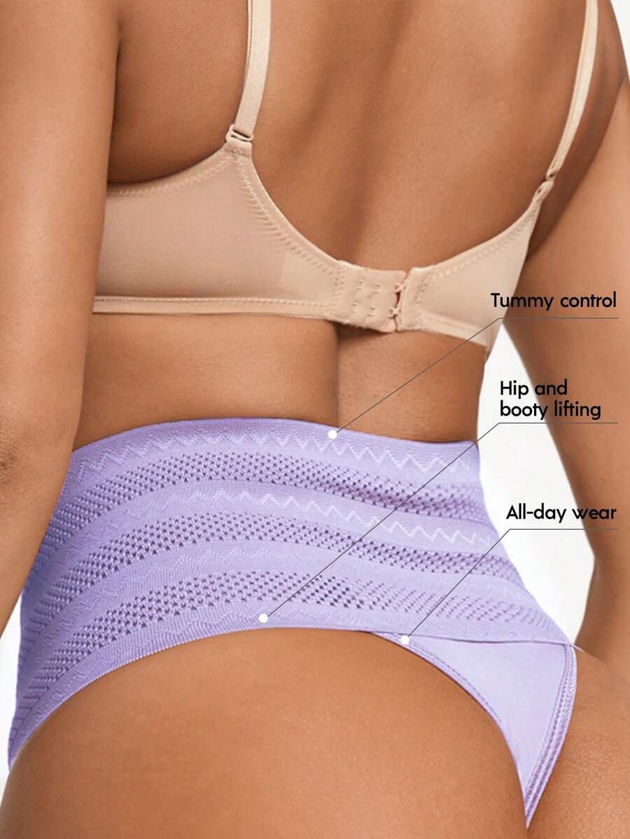 Women's apricot super high waist body shaping briefs featuring ultra light waist support and geometric pattern.