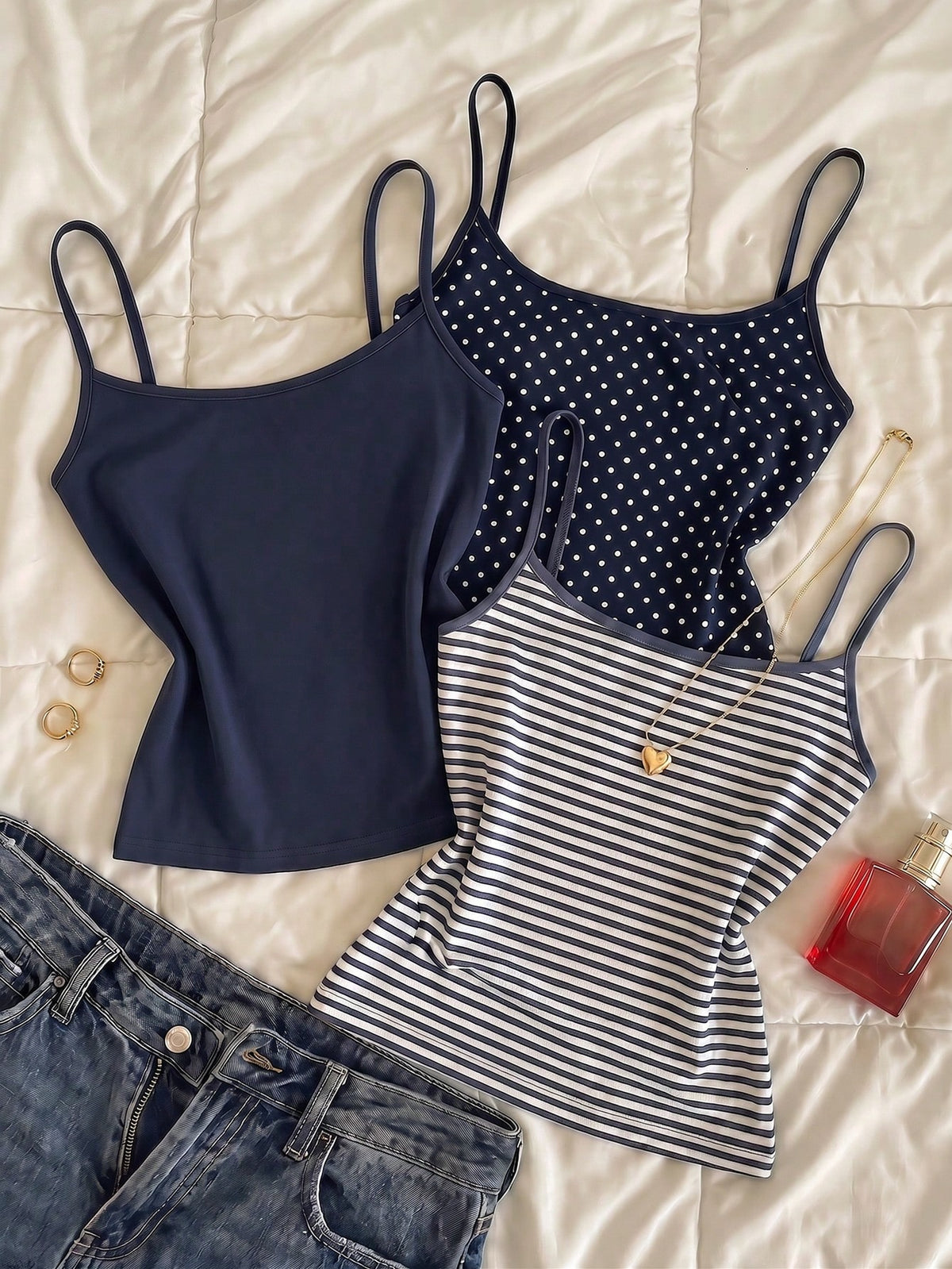 Navy blue women's geometric print spaghetti strap cami tank top with regular fit on plain background.