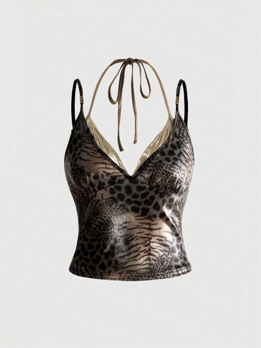 Women's Y2K animal print 2-in-1 halter crop cami top with color block patchwork and draped neckline
