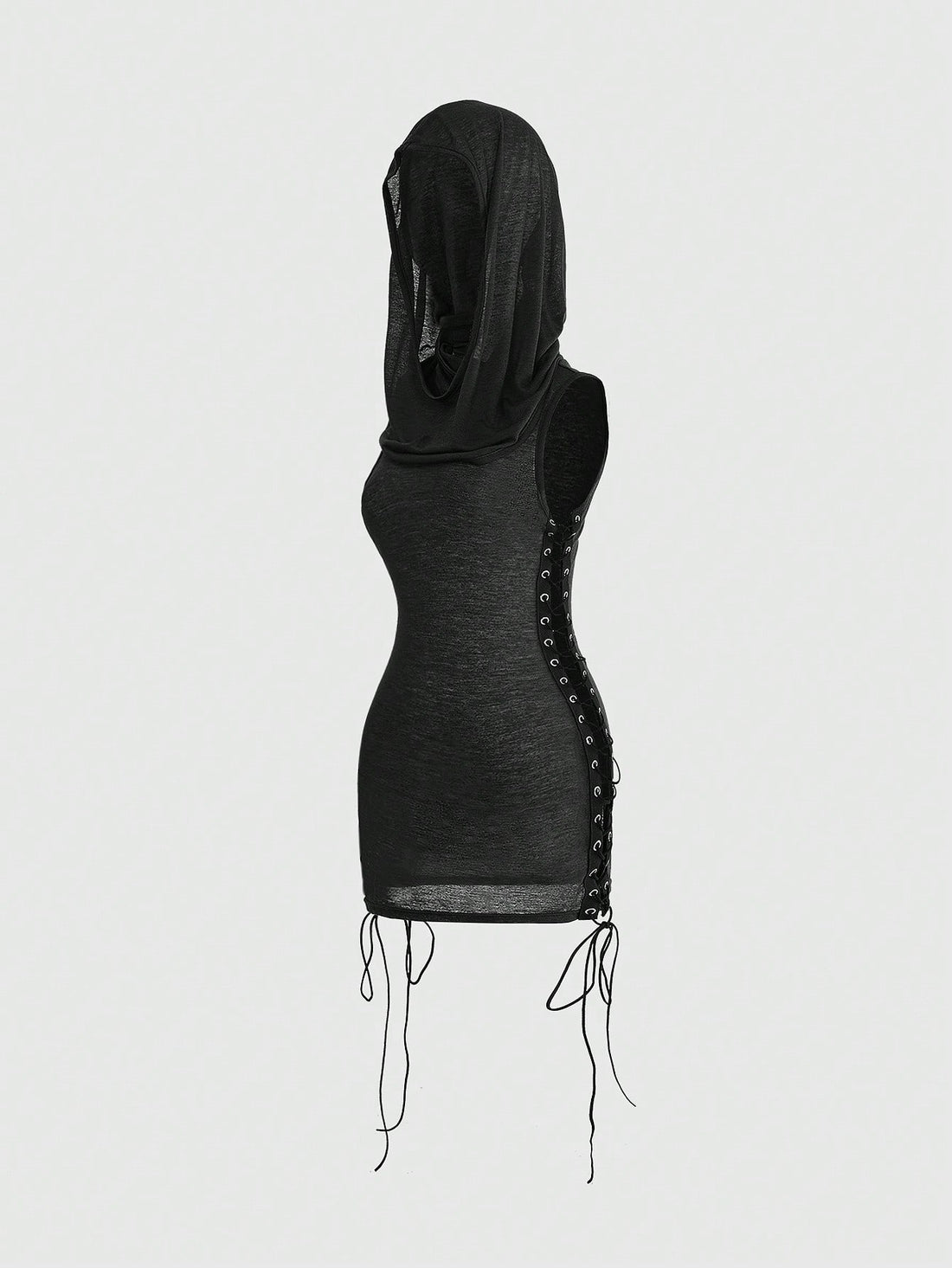 Women's black sleeveless hooded bodycon mini dress with metal buckle lace-up details and semi-sheer knitted fabric.