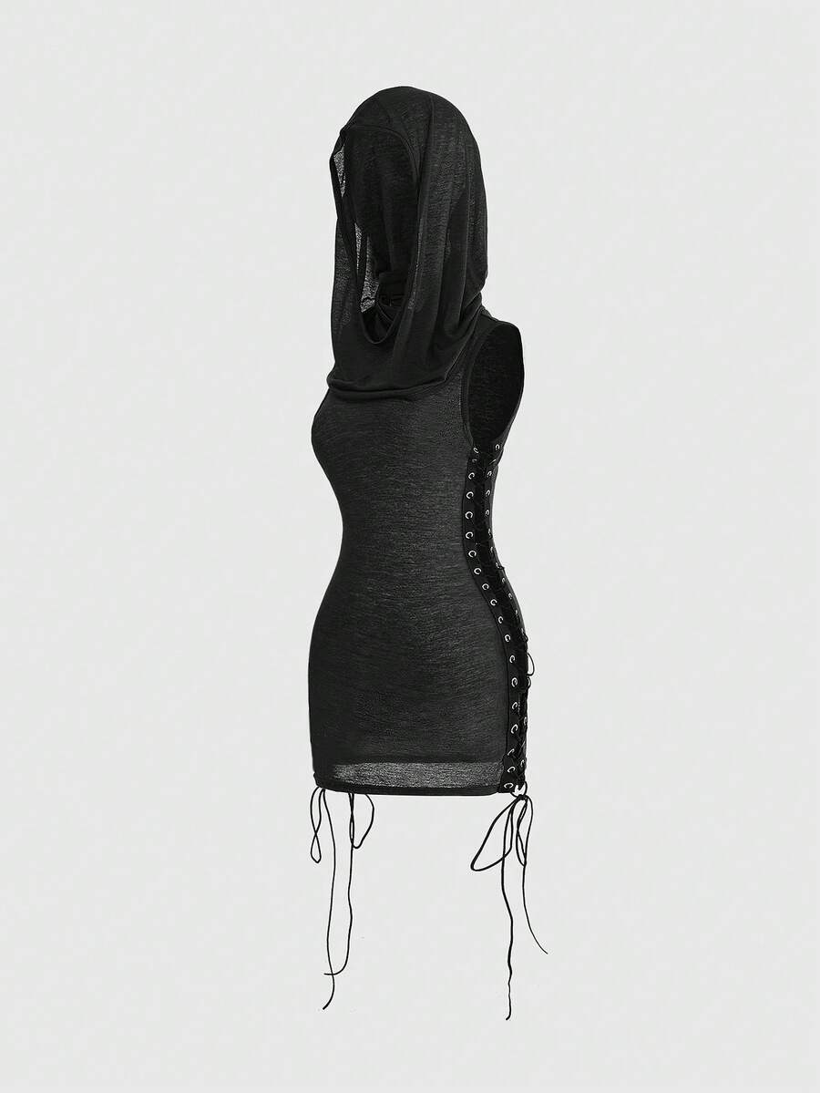 Women's black sleeveless hooded bodycon mini dress with metal buckle lace-up details and semi-sheer knitted fabric.