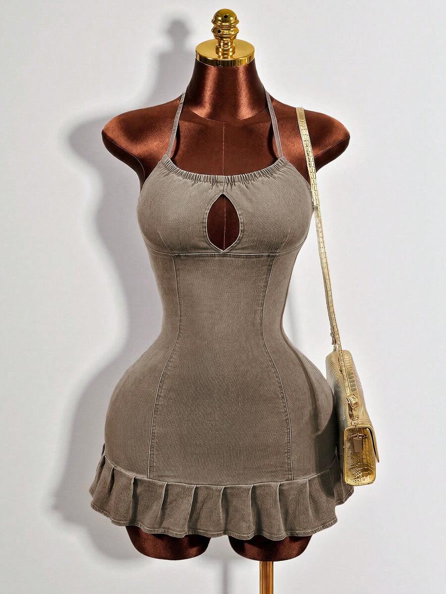 Women's blue denim halter mini dress featuring front cut-out details and a flounce ruffle hem.
