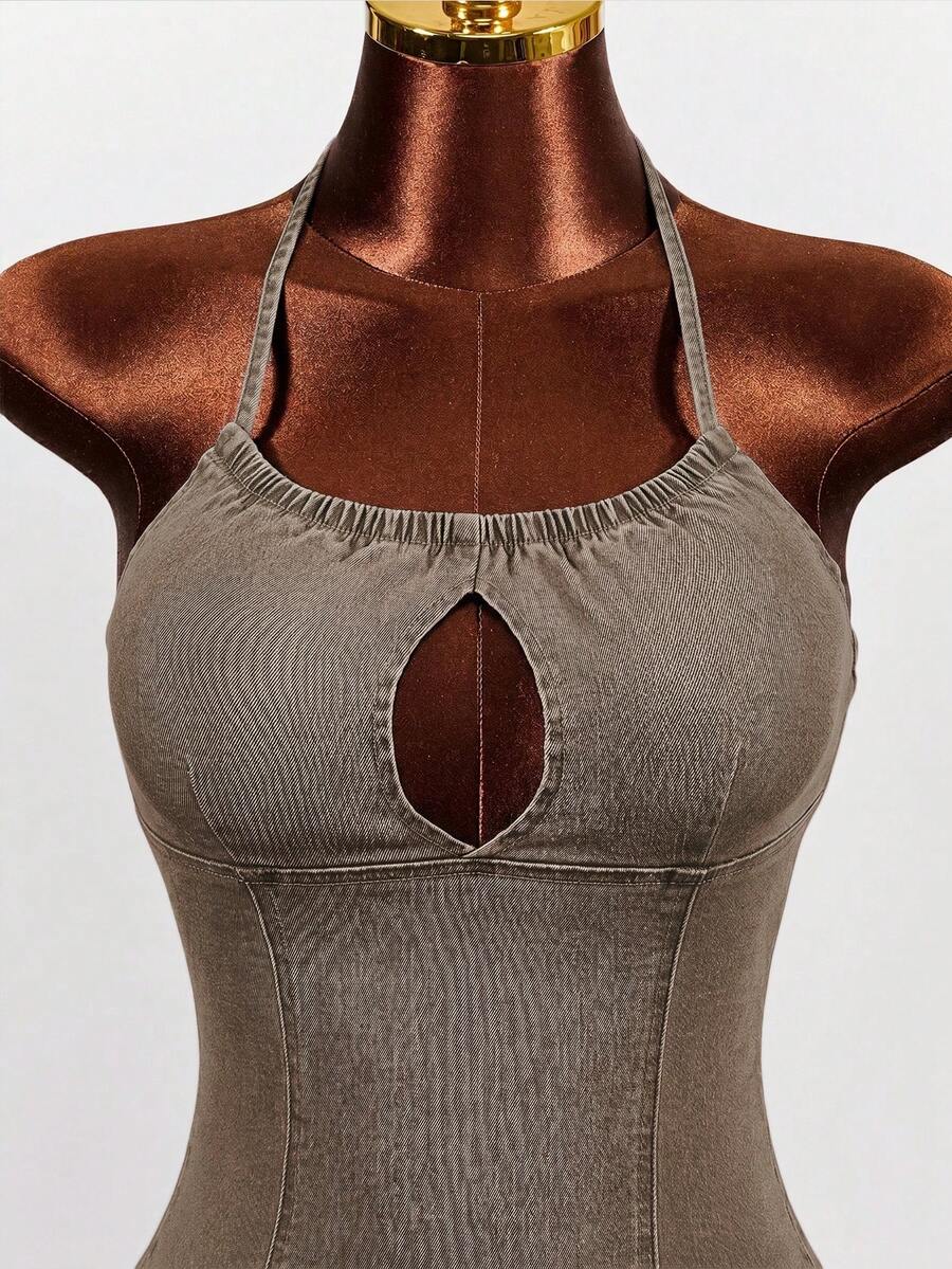 Women's blue denim halter mini dress featuring front cut-out details and a flounce ruffle hem.