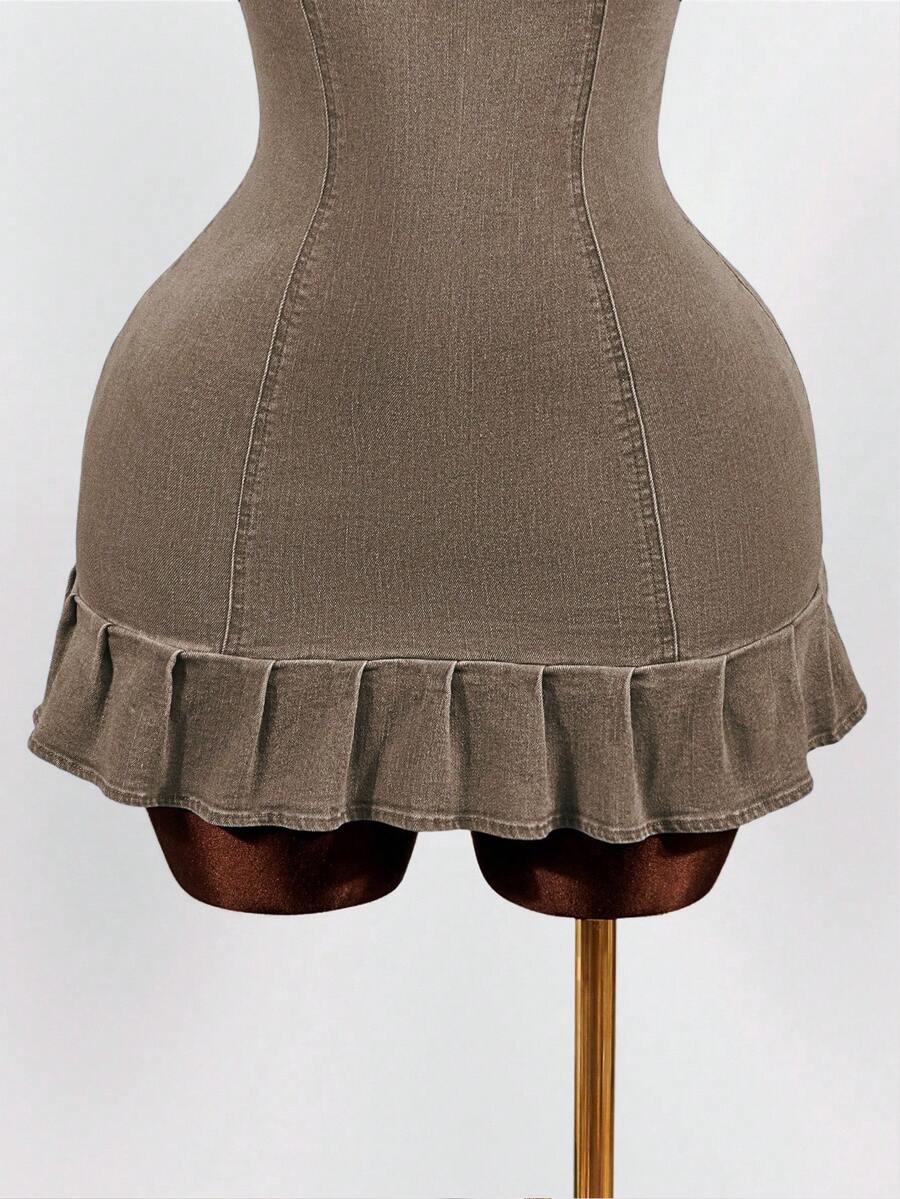 Women's blue denim halter mini dress featuring front cut-out details and a flounce ruffle hem.
