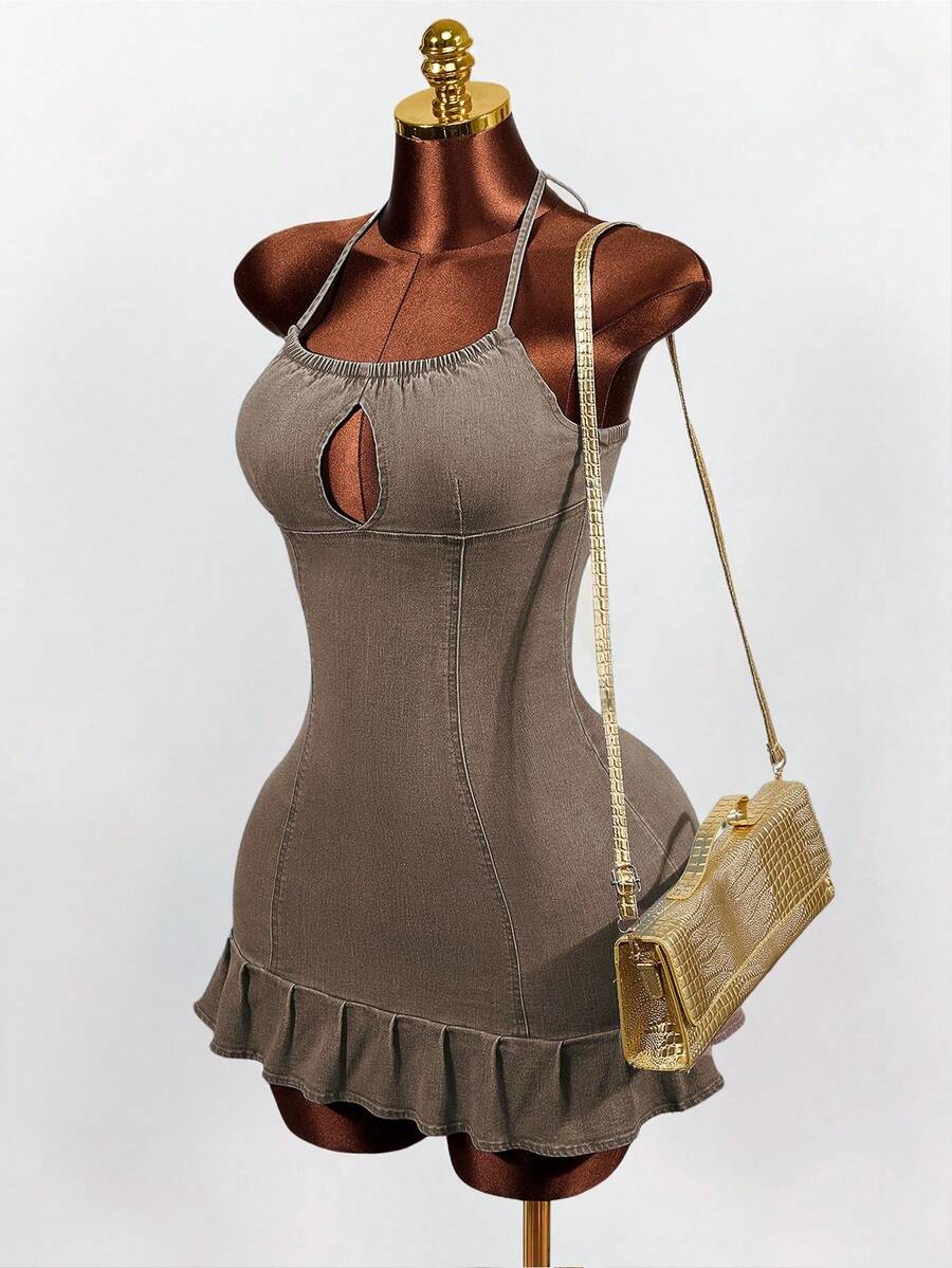 Women's blue denim halter mini dress featuring front cut-out details and a flounce ruffle hem.