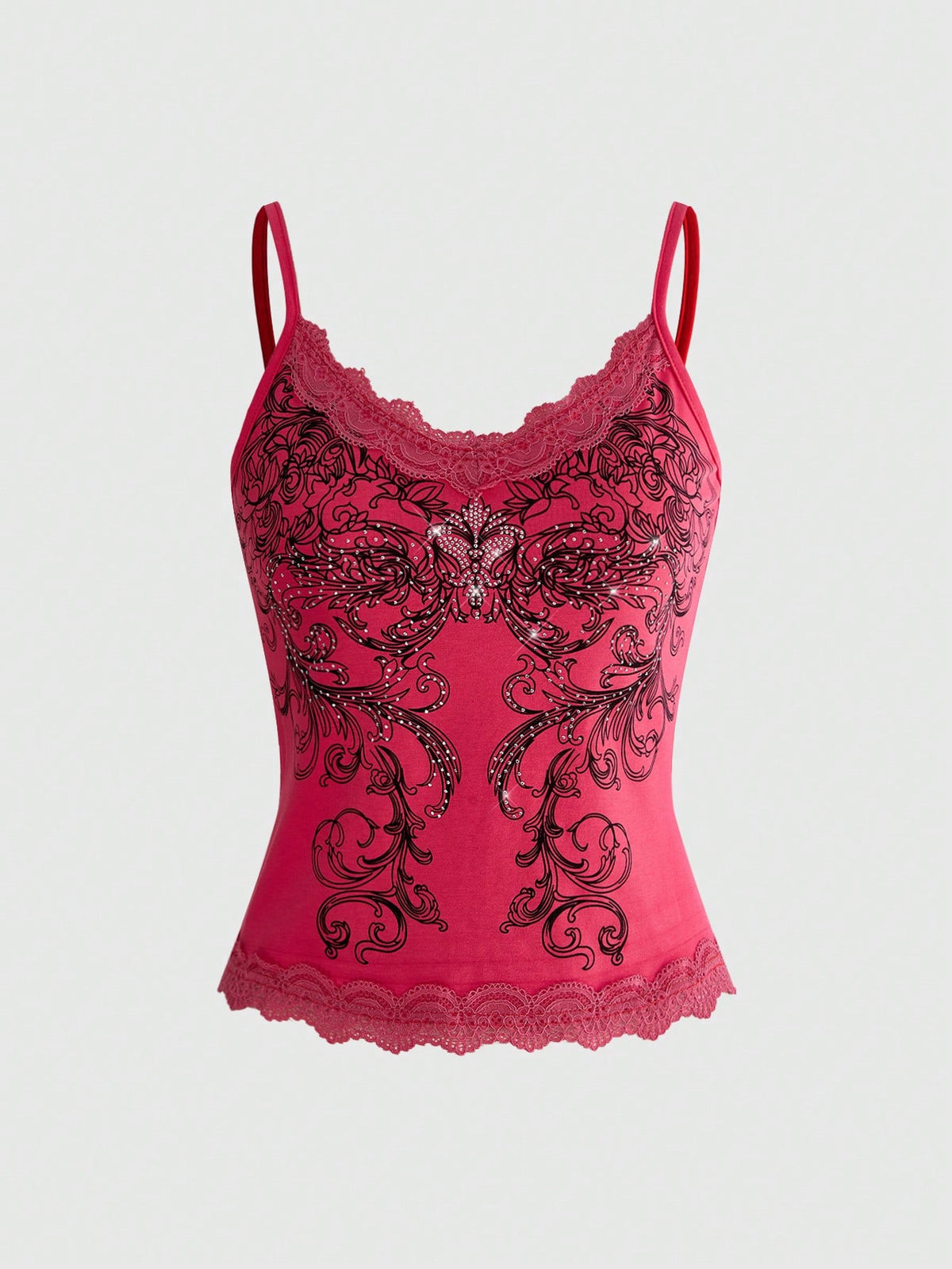 Pink floral print crop camisole top for women featuring contrast lace trim, spaghetti straps, and a slim fit.