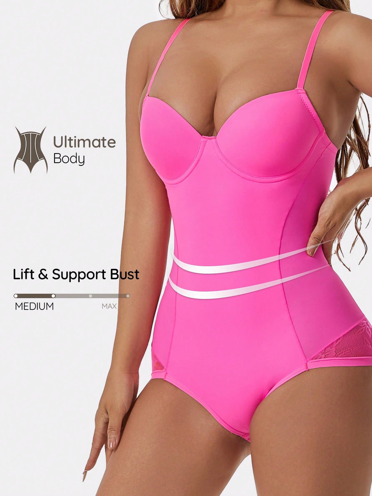 Apricot backless shapewear teddy bodysuit featuring contrast lace trim, non-removable padding, and underwire support.