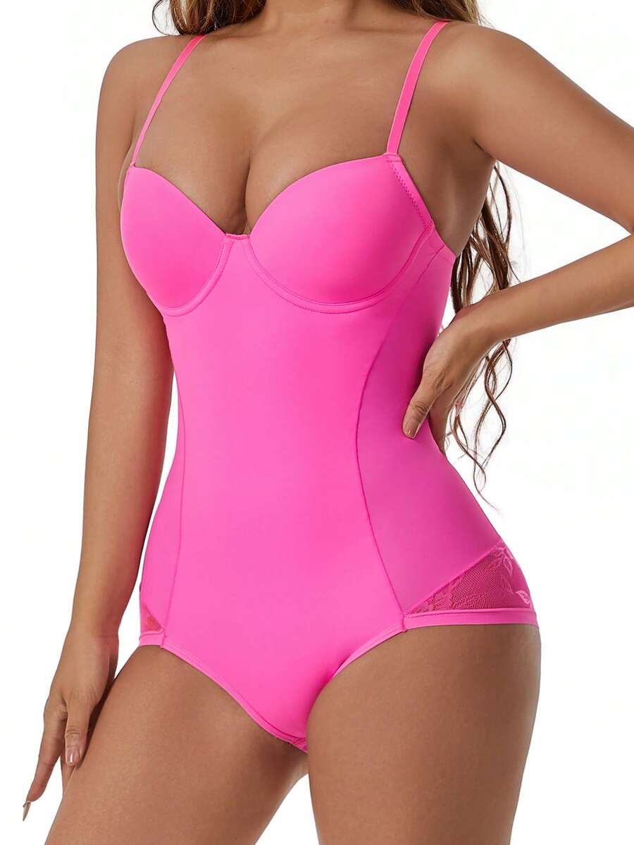 Apricot backless shapewear teddy bodysuit featuring contrast lace trim, non-removable padding, and underwire support.