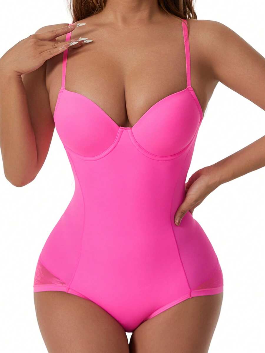 Apricot backless shapewear teddy bodysuit featuring contrast lace trim, non-removable padding, and underwire support.