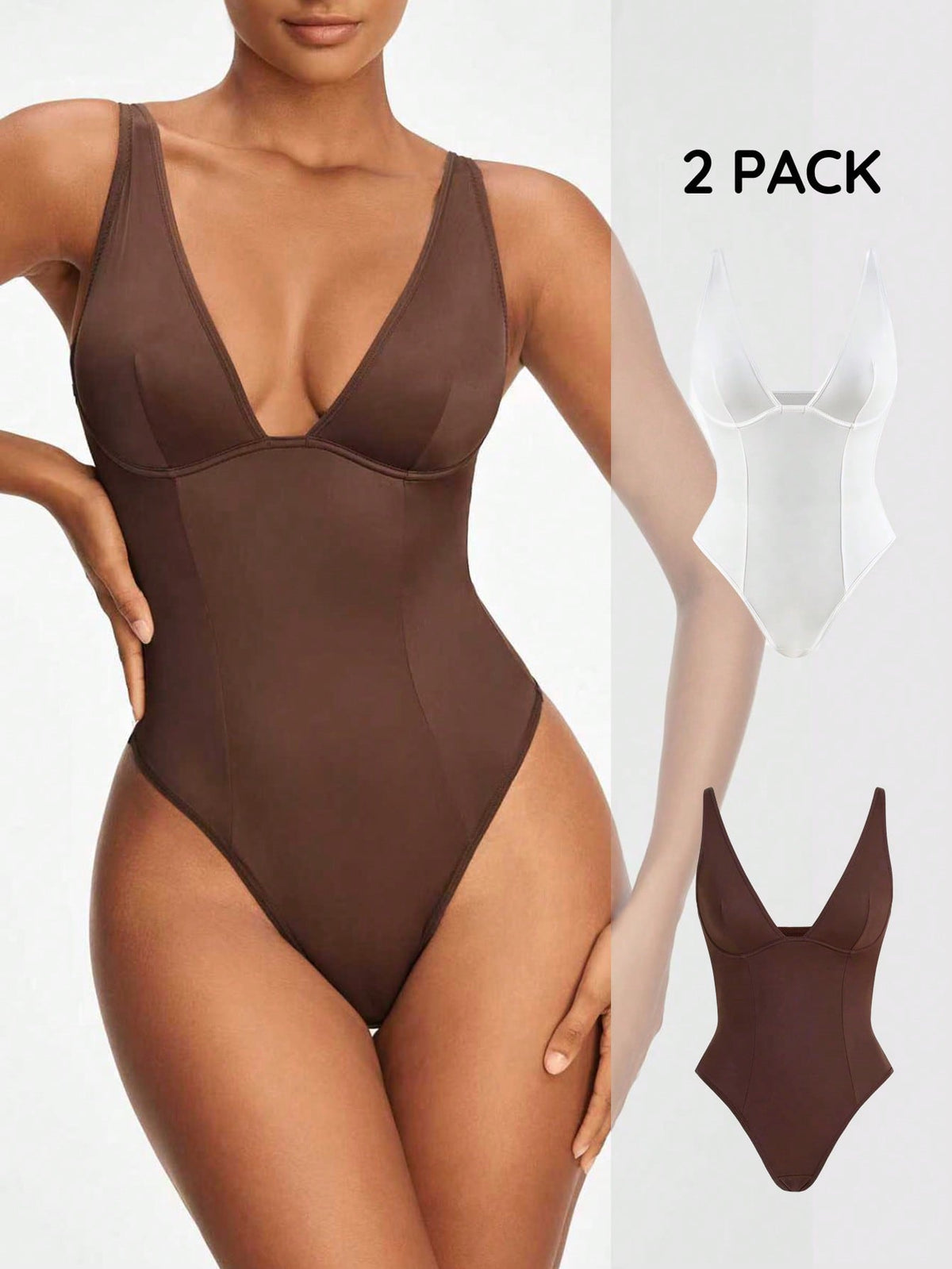 Apricot backless shapewear bodysuit with thong cut, cup details, and high-stretch fabric for light tummy support.