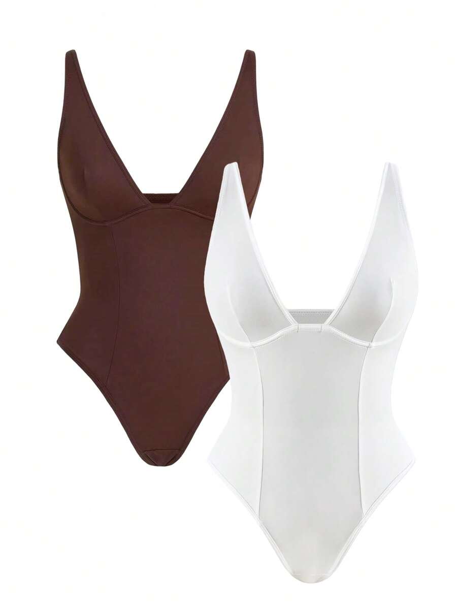 Apricot backless shapewear bodysuit with thong cut, cup details, and high-stretch fabric for light tummy support.