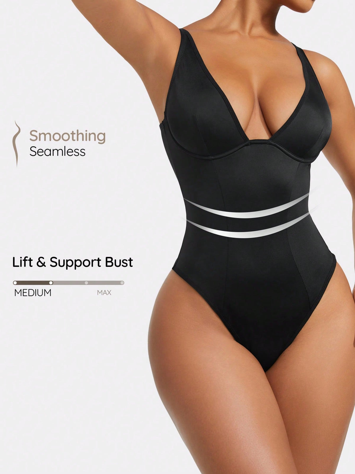 Apricot backless shapewear bodysuit with thong cut, cup details, and high-stretch fabric for light tummy support.
