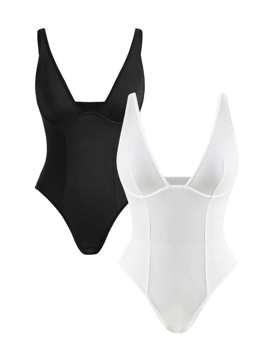 Apricot backless shapewear bodysuit with thong cut, cup details, and high-stretch fabric for light tummy support.