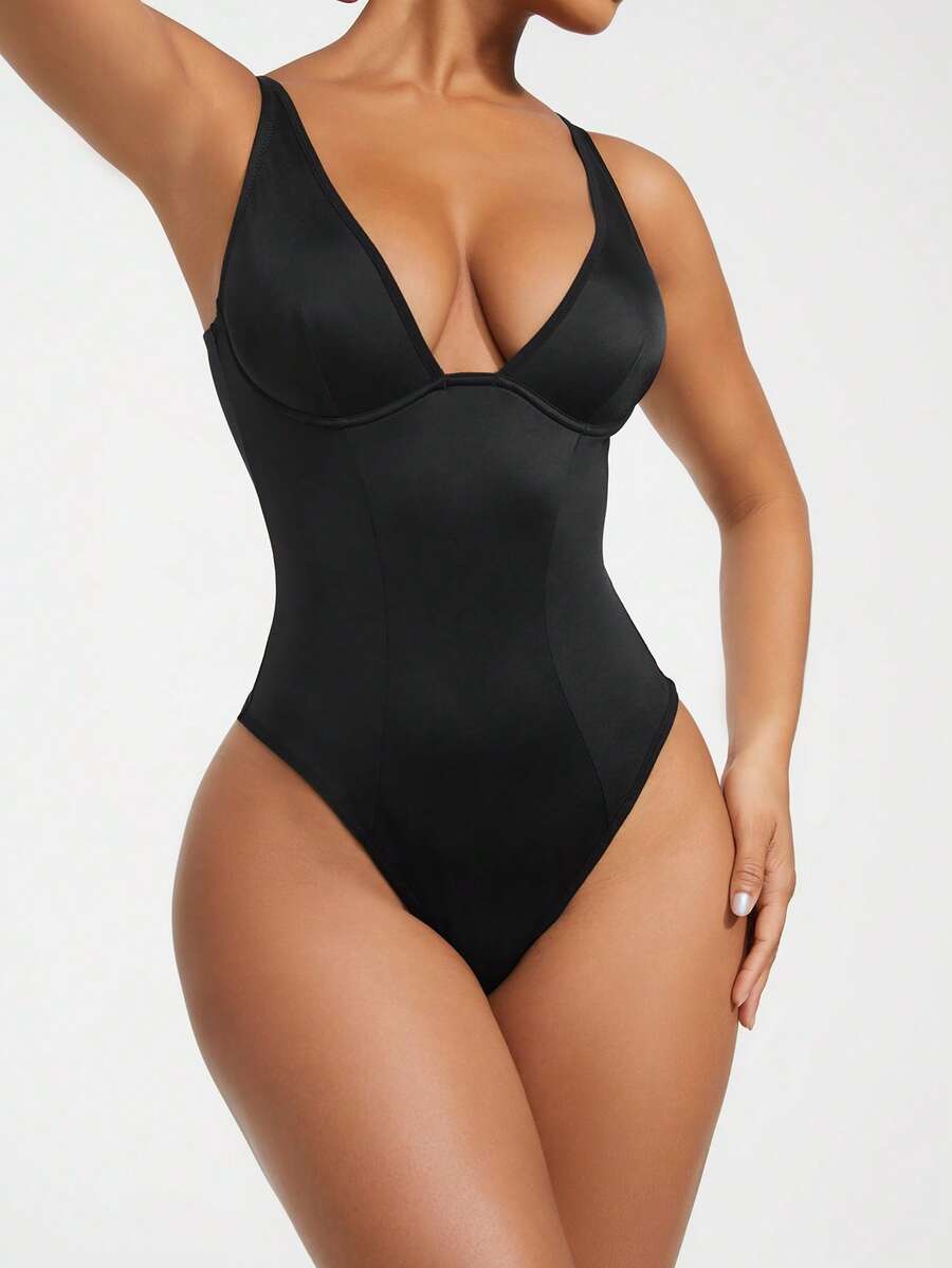Apricot backless shapewear bodysuit with thong cut, cup details, and high-stretch fabric for light tummy support.