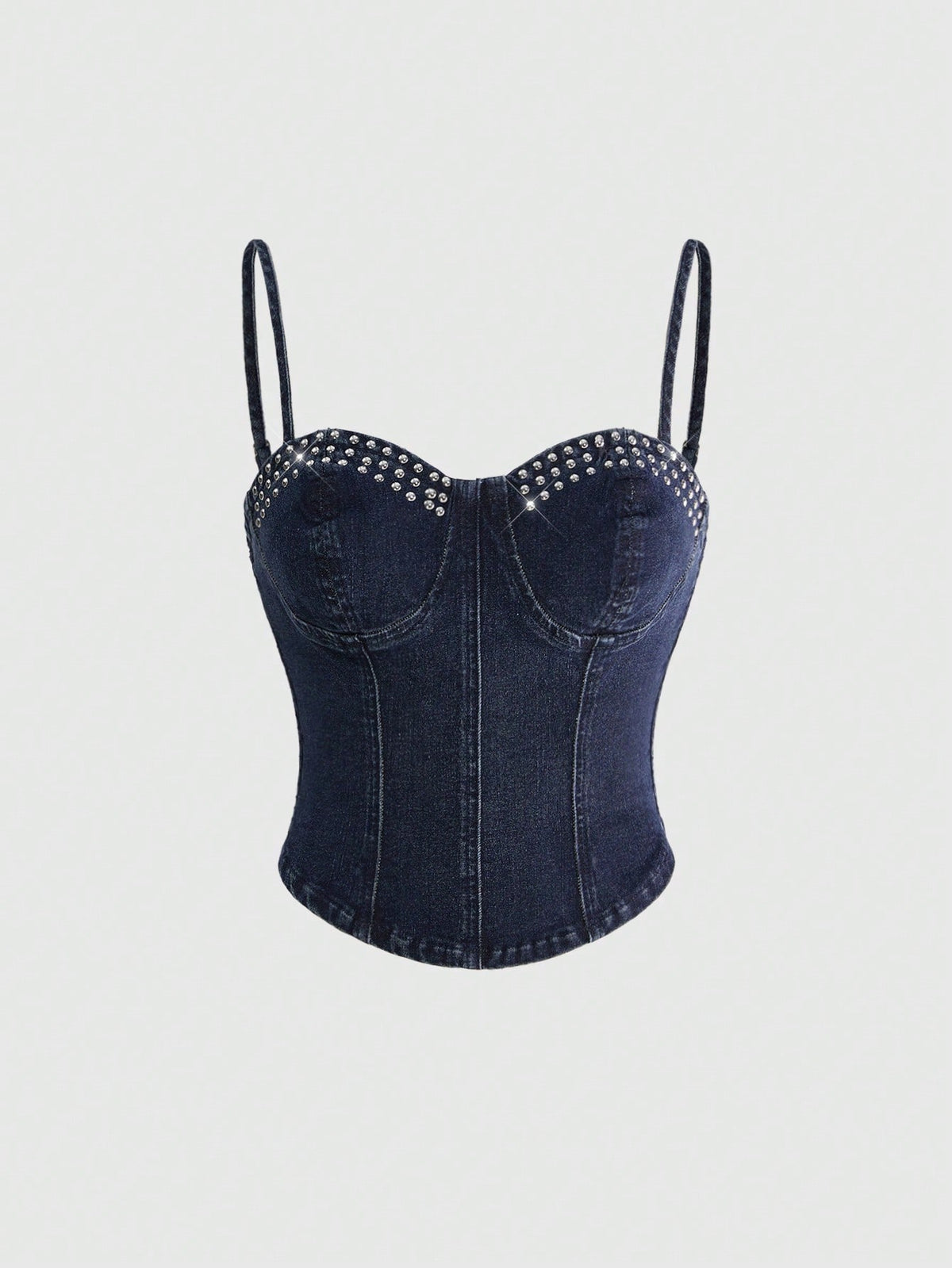 Dark wash denim camisole top for women with rhinestone embellishments, spaghetti straps, front zipper closure, and an asymmetrical micro crop hem.