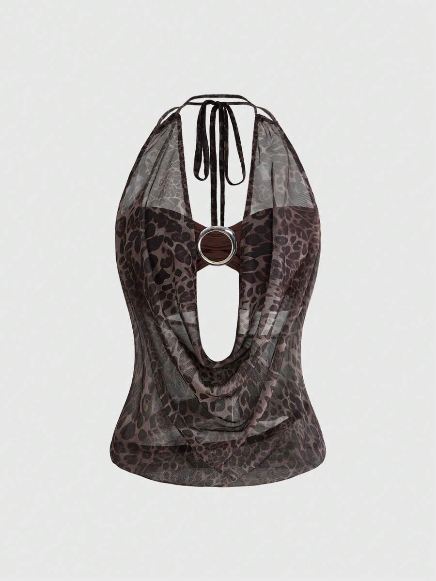 Women's cowl neck halter crop tank top featuring a draped backless design and matching bandeau inner layer.