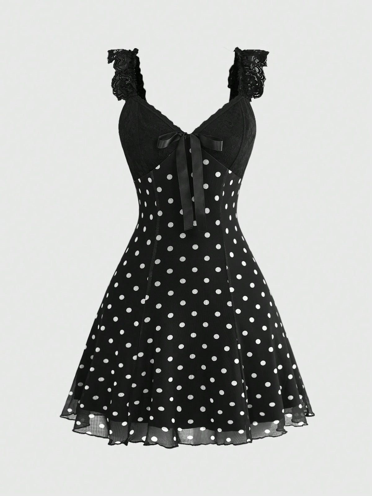 Gothic style lace patchwork sleeveless mini dress for women featuring a sweetheart neckline, high waist flared hem, contrast lace, bow, and knot details.