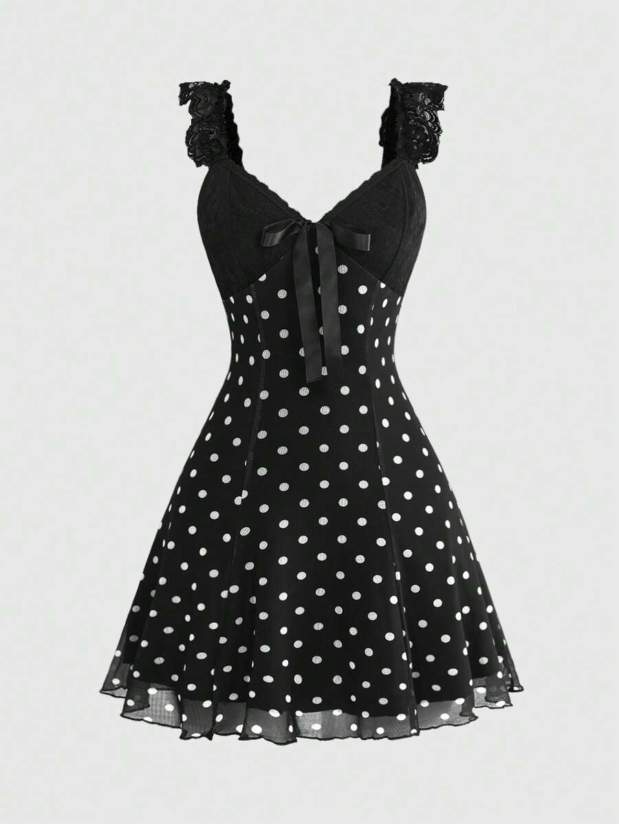 Gothic style lace patchwork sleeveless mini dress for women featuring a sweetheart neckline, high waist flared hem, contrast lace, bow, and knot details.