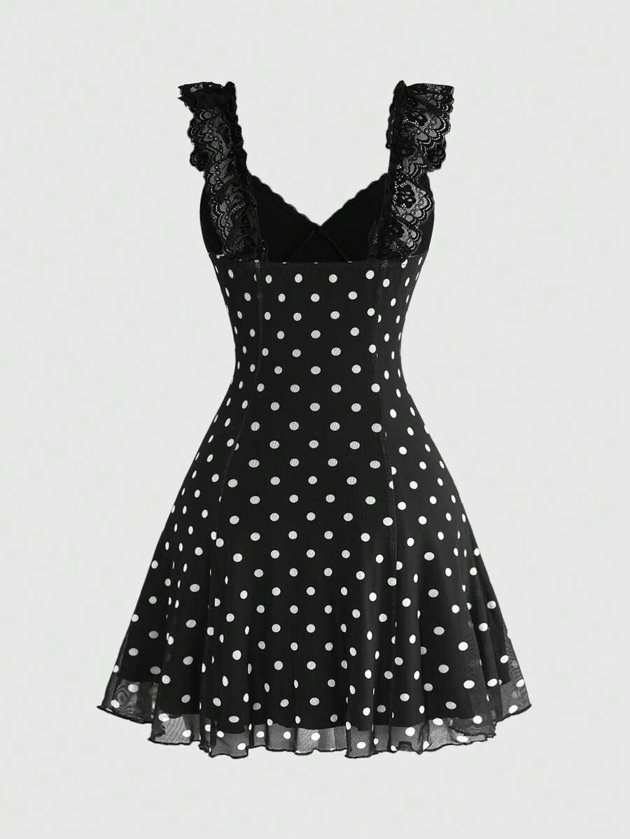 Gothic style lace patchwork sleeveless mini dress for women featuring a sweetheart neckline, high waist flared hem, contrast lace, bow, and knot details.