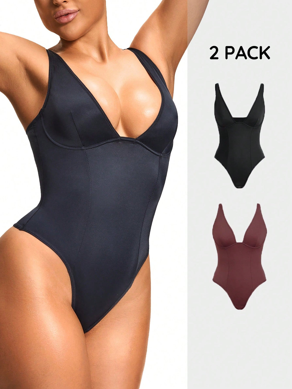 Apricot backless shapewear bodysuit with thong cut, cup details, and high-stretch fabric for light tummy support.