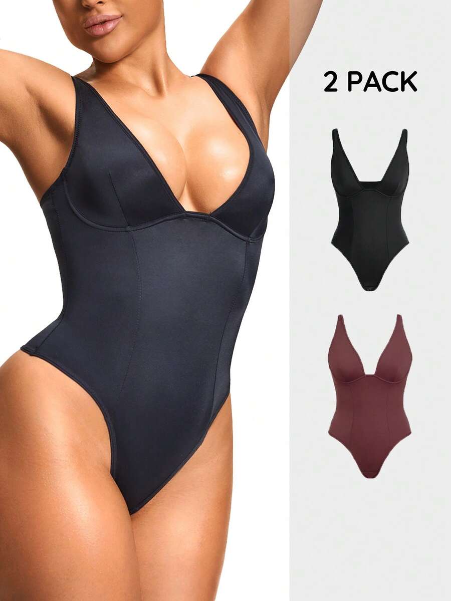 Apricot backless shapewear bodysuit with thong cut, cup details, and high-stretch fabric for light tummy support.