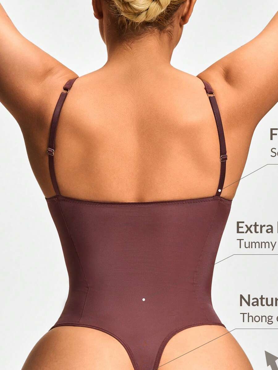 Apricot backless shapewear bodysuit with thong cut, cup details, and high-stretch fabric for light tummy support.