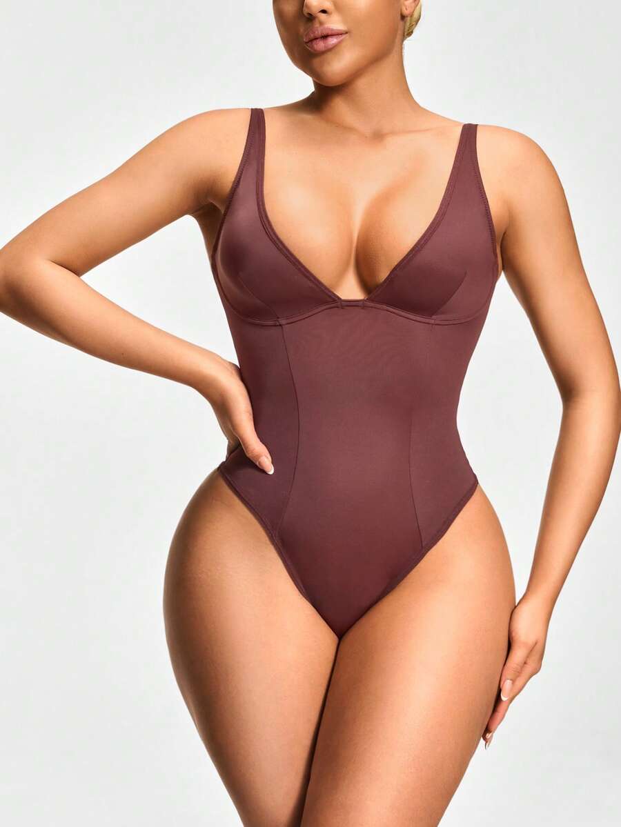 Apricot backless shapewear bodysuit with thong cut, cup details, and high-stretch fabric for light tummy support.