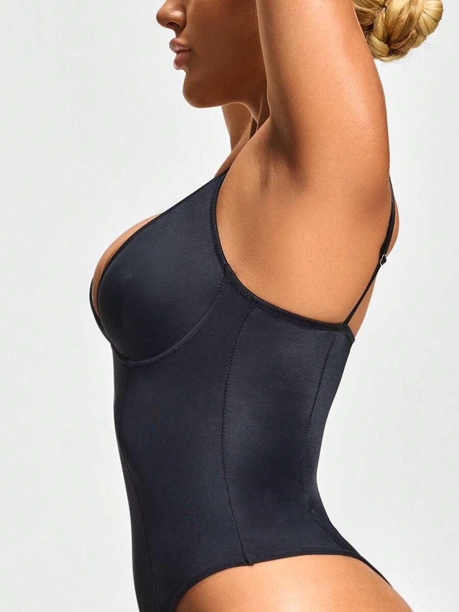 Apricot backless shapewear bodysuit with thong cut, cup details, and high-stretch fabric for light tummy support.