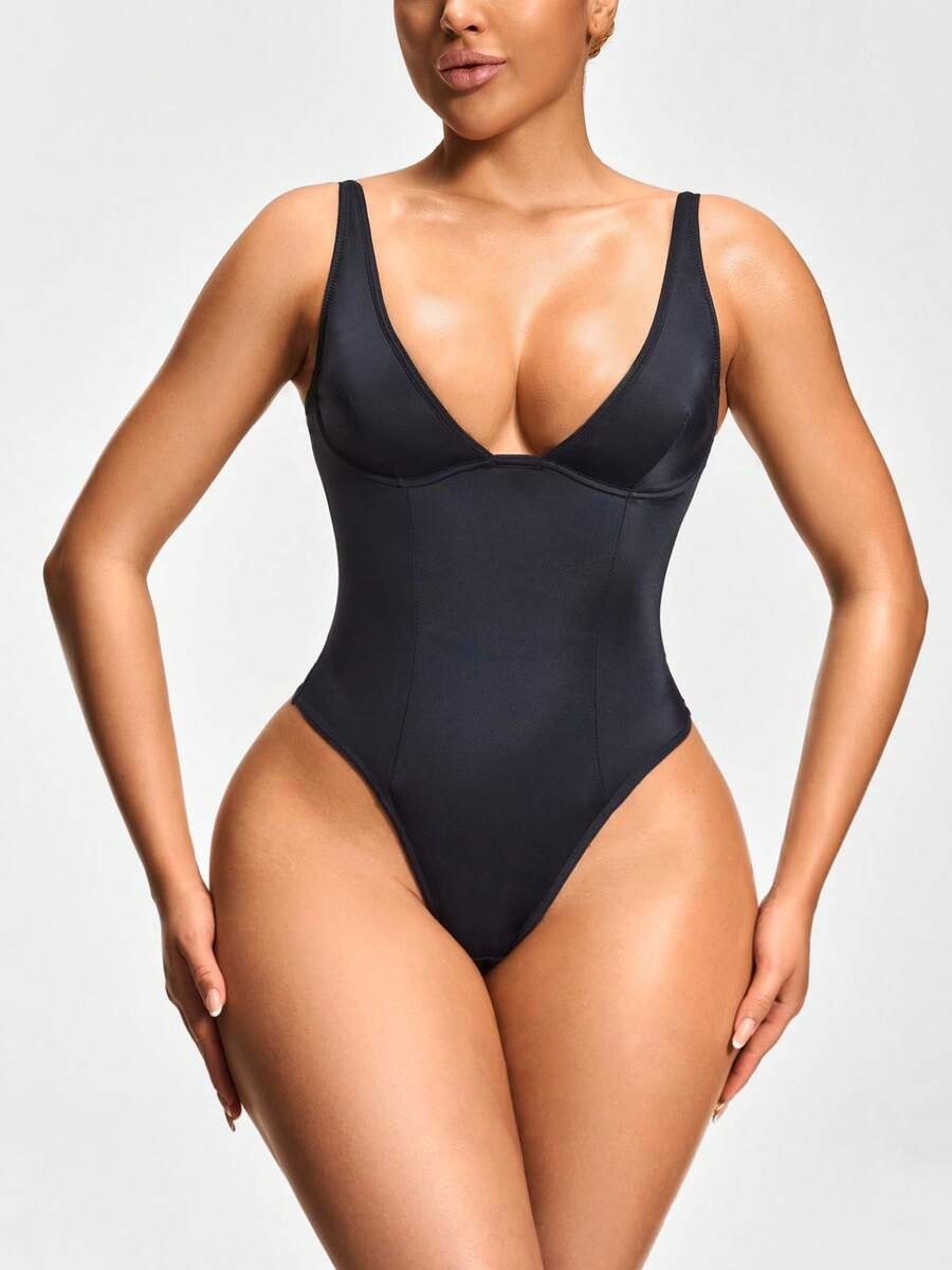 Apricot backless shapewear bodysuit with thong cut, cup details, and high-stretch fabric for light tummy support.