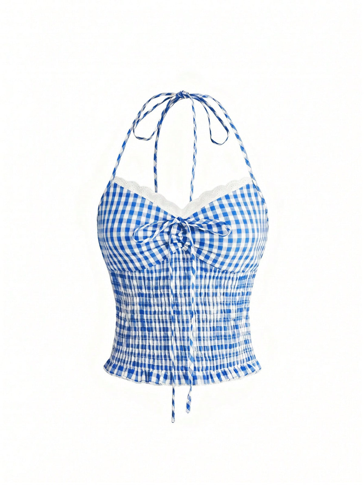 Black plaid halter crop tank top for women featuring a bow detail and slim fit design.