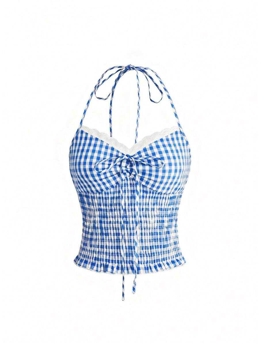 Black plaid halter crop tank top for women featuring a bow detail and slim fit design.