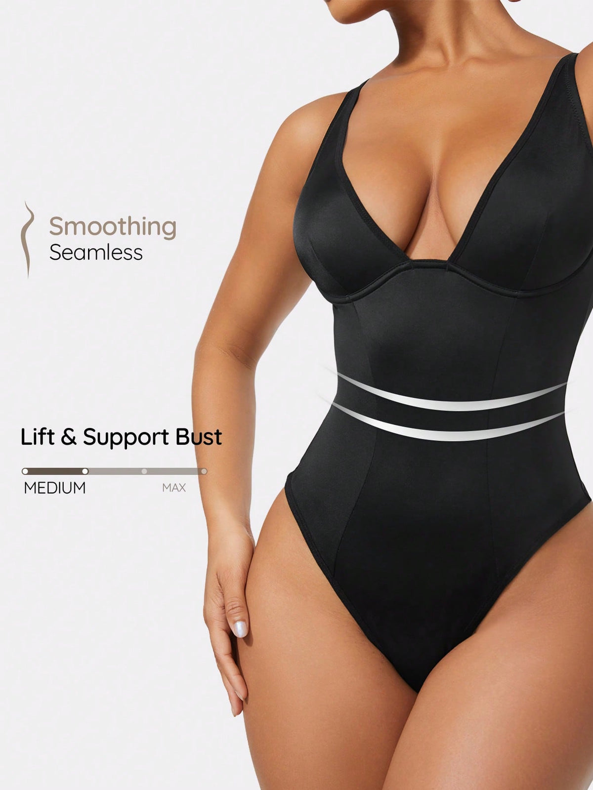 Apricot backless shapewear bodysuit with thong cut, cup details, and high-stretch fabric for light tummy support.