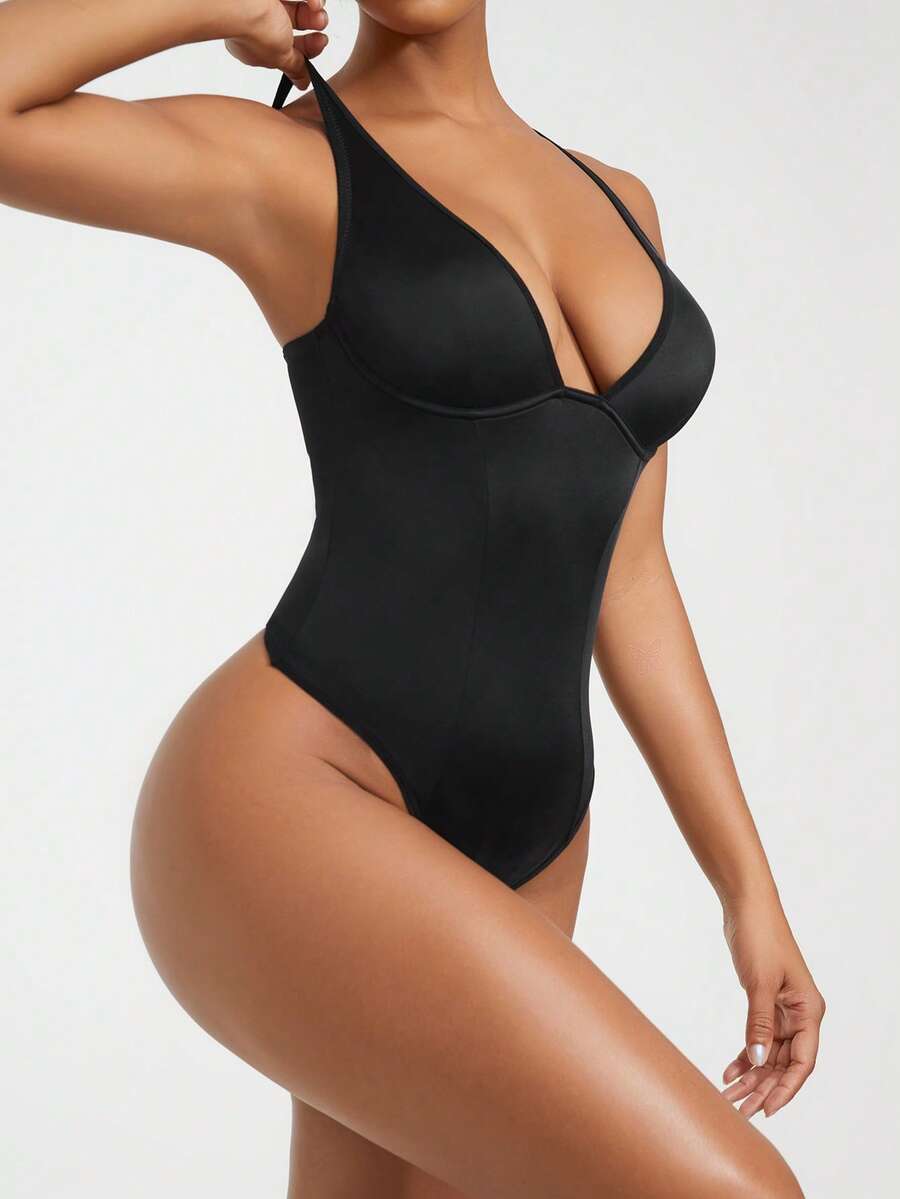 Apricot backless shapewear bodysuit with thong cut, cup details, and high-stretch fabric for light tummy support.