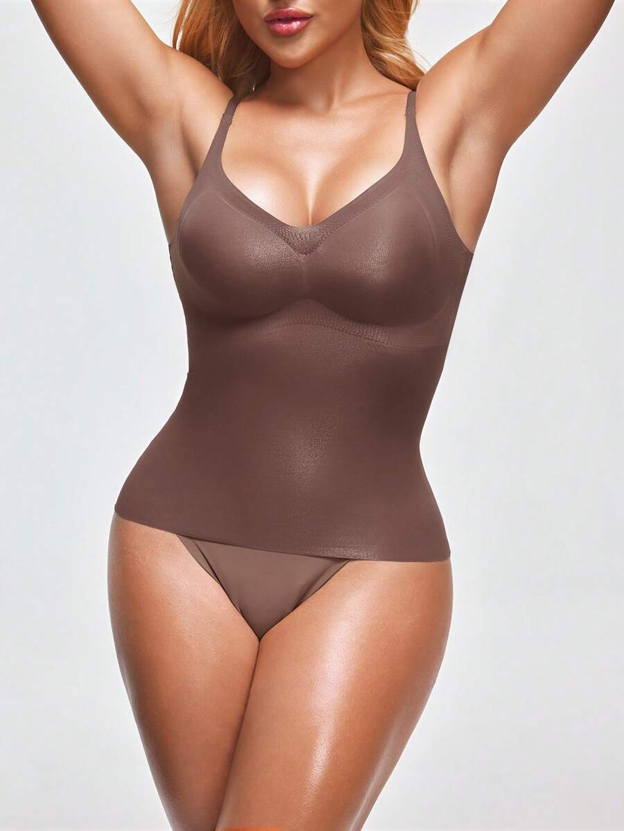 Beige minimalist wireless spaghetti strap camisole bra top for women with removable padding