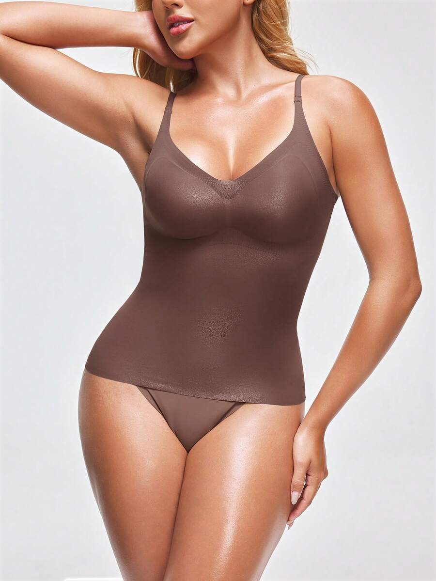 Beige minimalist wireless spaghetti strap camisole bra top for women with removable padding