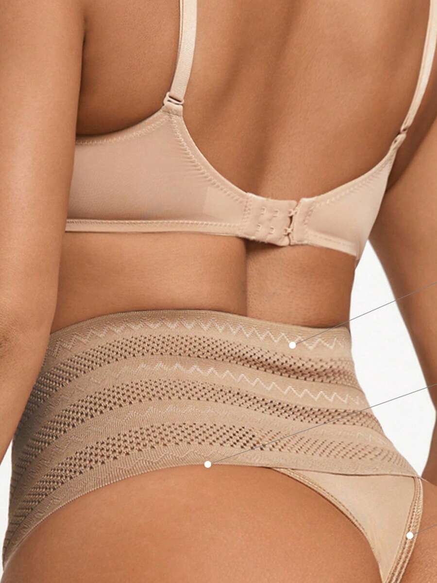 Women's apricot super high waist body shaping briefs featuring ultra light waist support and geometric pattern.