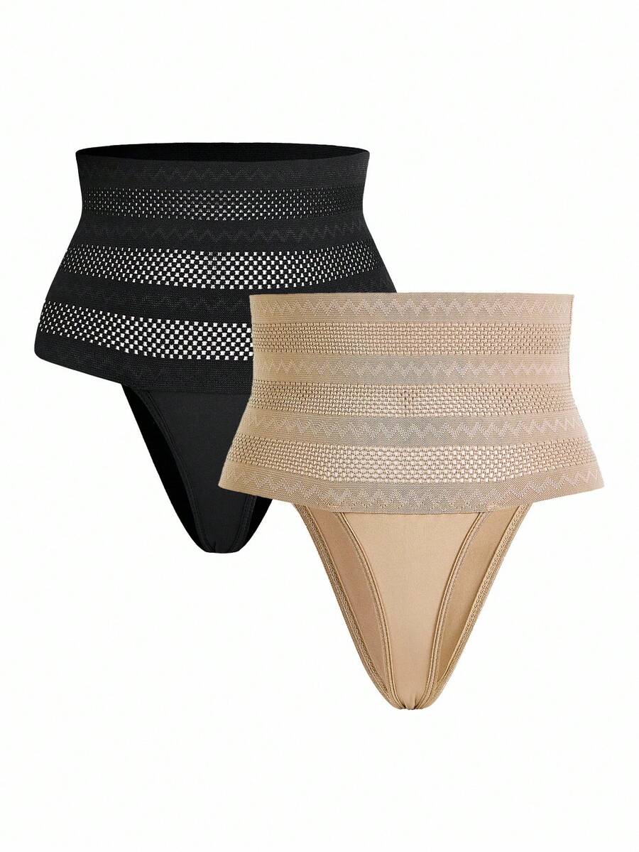 Women's apricot super high waist body shaping briefs featuring ultra light waist support and geometric pattern.