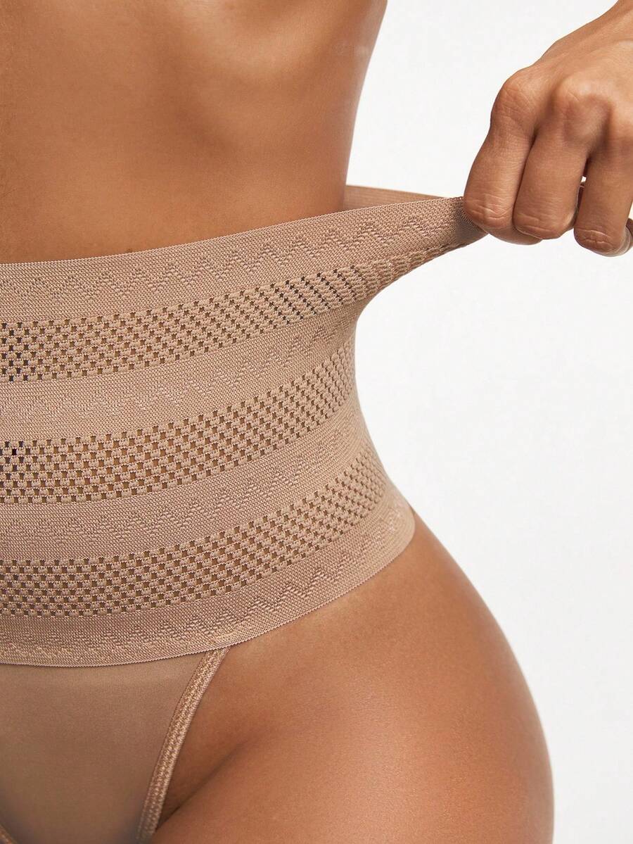 Women's apricot super high waist body shaping briefs featuring ultra light waist support and geometric pattern.
