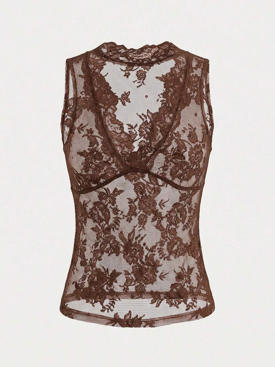 Franclia women's black semi-sheer lace camisole featuring a deep V-neckline with contrast lace trim in a slim fit sleeveless design.