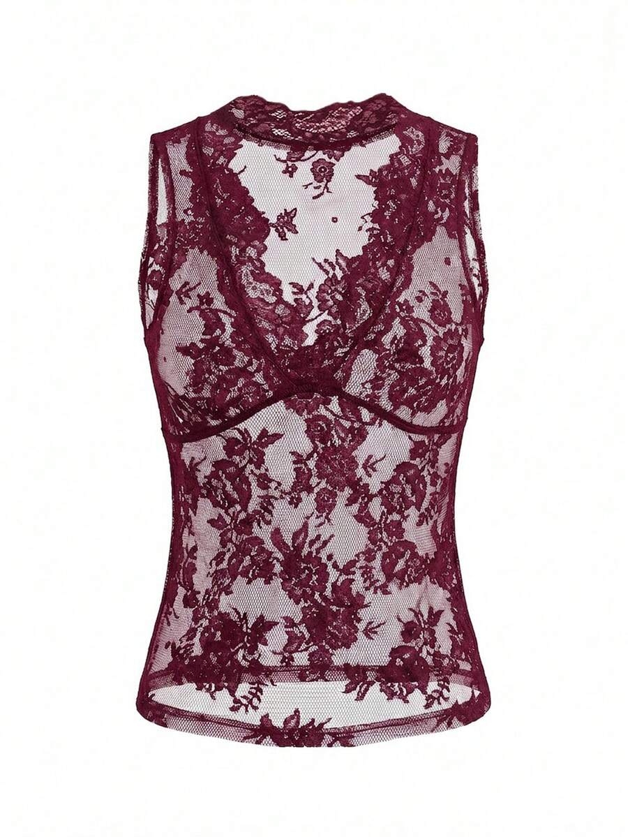 Franclia women's black semi-sheer lace camisole featuring a deep V-neckline with contrast lace trim in a slim fit sleeveless design.